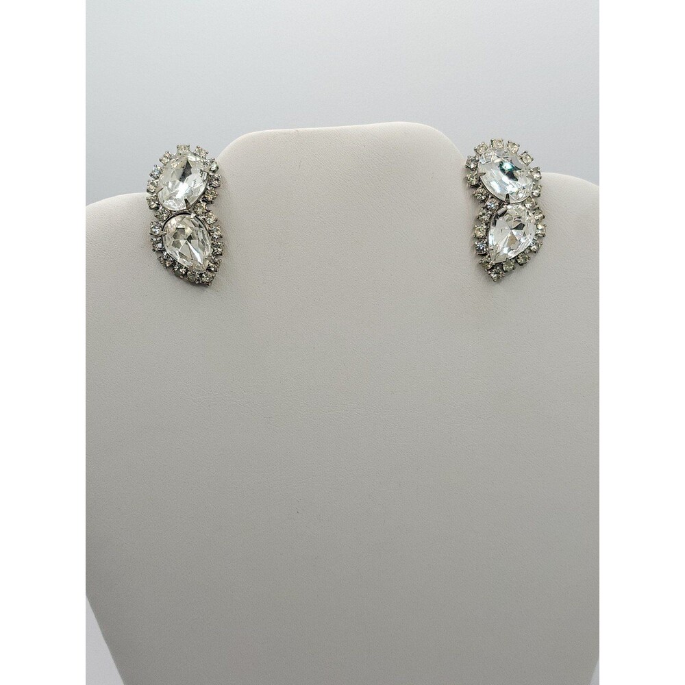 Vintage Large Rhinestone Clip on Earrings Climber Sparkle Gold Tone 1950s